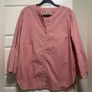 Anne Klein XL Pink & White Striped Button Up Blouse w/ Flare 3/4 Sleeves